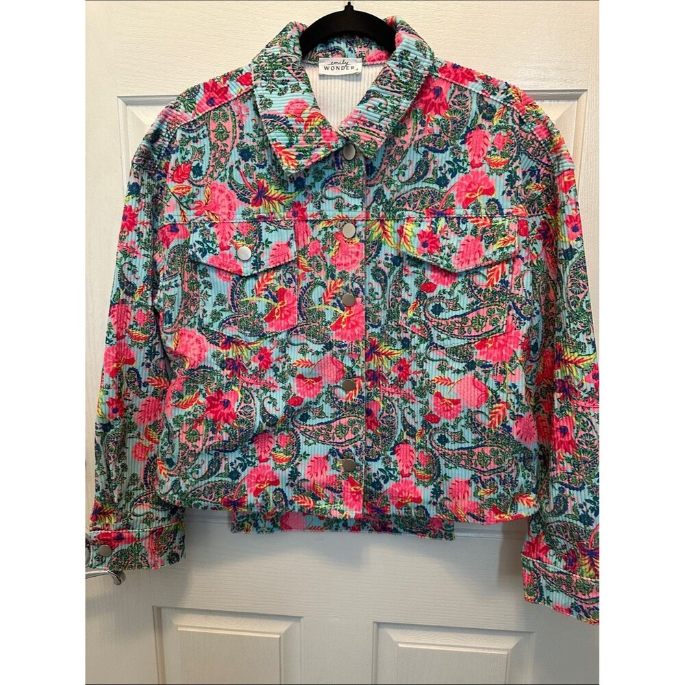 Emily Wonder Floral Paisley Corduroy Jacket - Pink & Teal Size Small